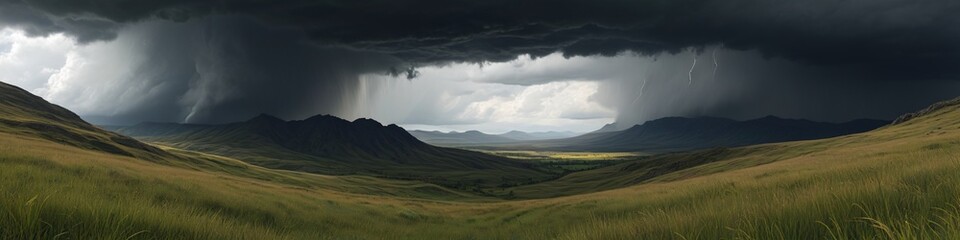 A tranquil valley overshadowed by dark clouds, with winds whipping through the grass and the distant rumble of thunder, suggesting an impending storm, Generative AI