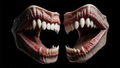 Naklejka premium A pair of elegant, sharp fangs, displayed on a black background, symbolizing the allure and danger of the vampire mythos, Generative AI