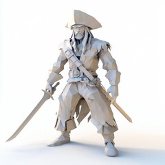 Fototapeta premium 3D Render, Low Poly style of a ghostly pirate with a tattered coat and a sword, on isolated white background