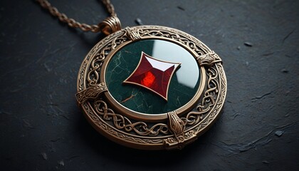 A mystical amulet with a bloodstone at its center, lying on a dark surface, representing the power and protection sought by vampire hunters, Generative AI