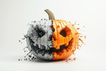 A creative split pumpkin showcasing contrasting black and orange colors.