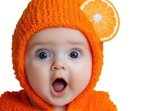 PNG Image of a baby children with funny surprise expression dressed a orange fruit