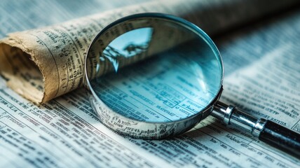 Magnifying glass on vintage paper showing detailed text in newspaper