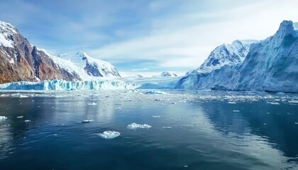 A breathtaking scene of icy mountains and a serene glacial lake under a clear sky, showcasing the beauty of nature's frozen landscapes.