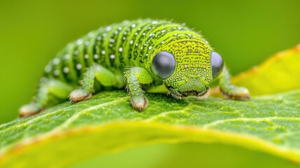 Obraz premium Close-up of a Green Beetle with White Spots on a Leaf