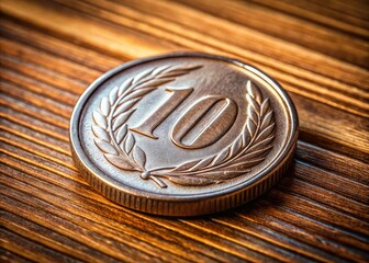 The close-up view reveals a 100 Japanese Yen coin on a wooden backdrop, emphasizing its fine details and textures, beautifully contrasting with the warm wood grain.