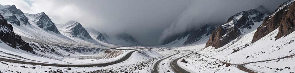 A rugged mountain pass engulfed in a blizzard, with snow swirling violently and visibility reduced to almost nothing, portraying a sense of danger and isolation, Generative AI