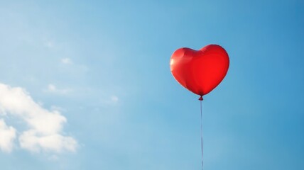 Single red heart-shaped balloon floating against clear blue sky