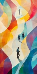 Abstract Art with Silhouetted Figures Walking Through Colorful Pathways