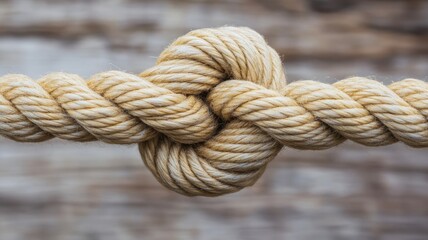 Fototapeta premium Close-up of sturdy, beige rope tied in tight knot against blurred background