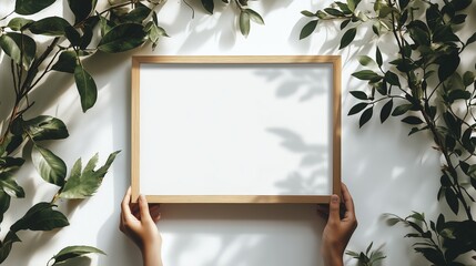 Hands holding a blank wooden frame surrounded by green leaves