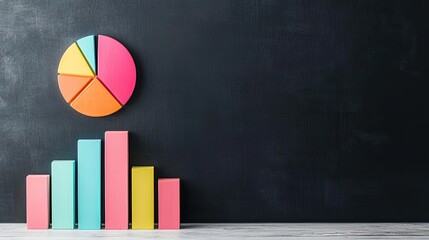 Colorful chart and blocks on a black background, visually representing data analysis and statistics for business presentations.