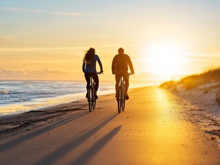 A serene sunset view of two cyclists riding along a beach, creating shadows on the sandy path as the sun sets over the ocean.