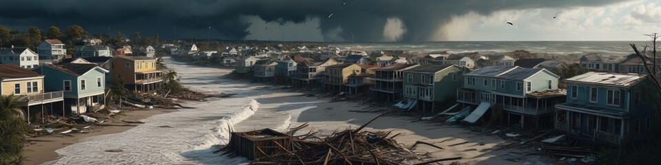 An abandoned coastal town being ravaged by a hurricane, with buildings swaying and debris flying, illustrating the chaos of extreme weather, Generative AI