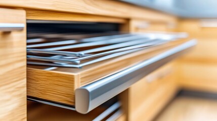 Sleek modern kitchen drawer with metallic handles and wooden finish, AI