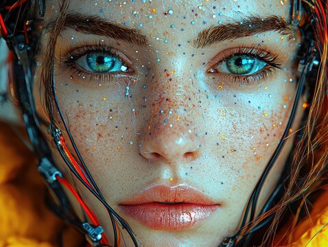 Futuristic robot cyborgized woman face