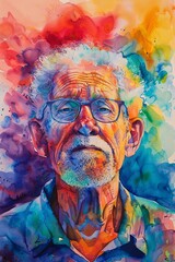 Senior man in a vibrant, colorful watercolor illustration