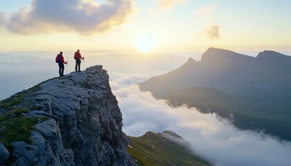 Two hikers stand atop a rocky cliff, overlooking a stunning landscape with clouds and sunlight illuminating the surrounding mountains.