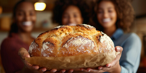 friends celebrating Homemade Bread Day, smiling and having fun while baking together. The scene captures the warmth and happiness of sharing the experience of making bread from scratch.