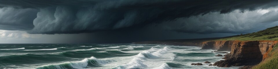Fototapeta premium A picturesque coastal cliff as a hurricane approaches, with dark clouds rolling in and the sea churning beneath, creating an ominous and breathtaking view, Generative AI