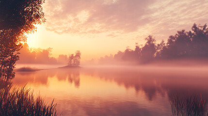 Obraz premium An early morning mist rising over a calm lake, creating a magical atmosphere.