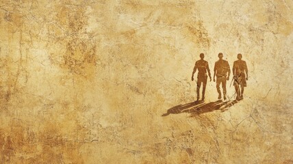 Three silhouetted figures walk on textured golden ground, casting shadows