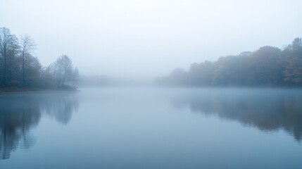Fototapeta premium An early morning fog rising over a calm lake, creating a mystical atmosphere.