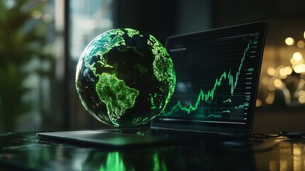 A green globe on the background of a laptop screen showing a stock chart. This image illustrates the concept of green business and digital sustainability.