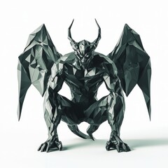 Fototapeta premium 3D Render, Low Poly style of a sinister demon with horns and wings, on isolated white background