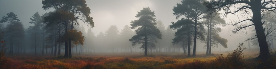 Obraz premium A foggy landscape under the threat of a hurricane, with shadows dancing in the mist and wind howling through the trees, creating an eerie atmosphere, Generative AI