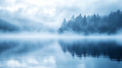 Fototapeta premium An early morning fog rising over a calm lake, creating a mystical atmosphere.