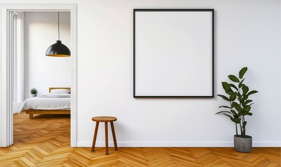 A modern, minimalist interior showcasing an empty frame on a white wall, flanked by a potted plant and a wooden stool, leading to a cozy bedroom space in background.