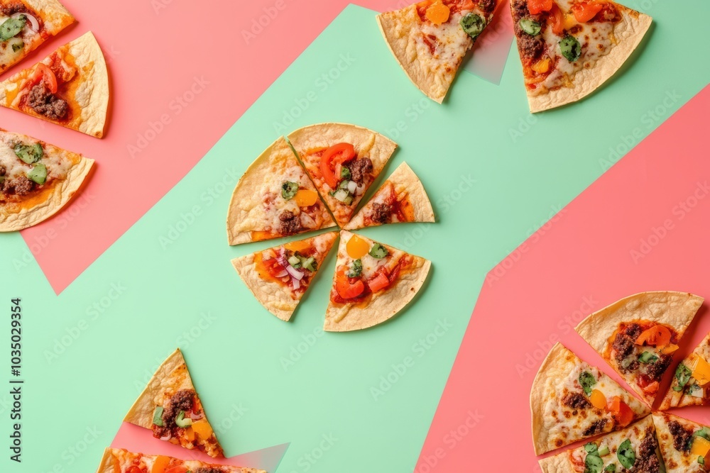 Poster an assortment of tacos and pizza slices arranged in a geometric pattern, highlighting vibrant colors