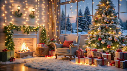 Obraz premium Living room decorate Christmas lights with gift boxes, tree branches. Christmas Background concept