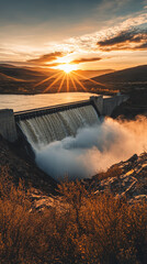 Naklejka premium Sunset at Dam with Dynamic Water Release and Golden Lighting 