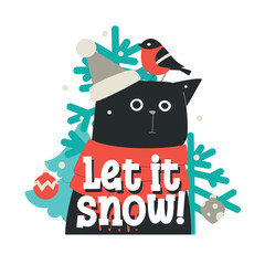 funny black cat in red scarf with bullfinch on head and Let It Snow words. winter holiday sticker isolated on white background. flat cartoon kitten in hat.