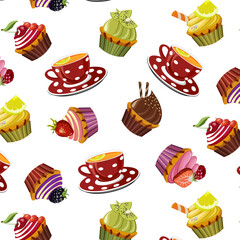 Pattern with desserts and cups.Vector pattern with tea cups and berry cupcakes on a transparent background.