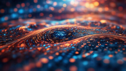 Abstract image with orange and black colors. This is a digital binary code wave background.