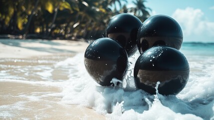 Black balloons in the sea waves in the tropics, Black Friday special offer for exotic vacation with a travel agency