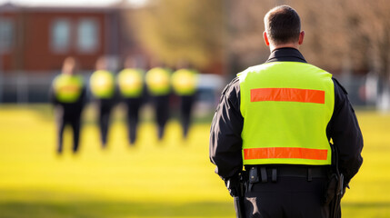 security officer stands watchfully in bright yellow vest, overseeing group of individuals in similar attire. scene conveys sense of vigilance and order during event