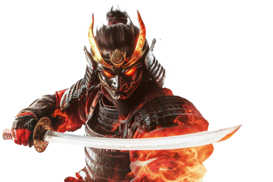 PNG image of A fire samurai approaching wearing Oni mask and scale armor