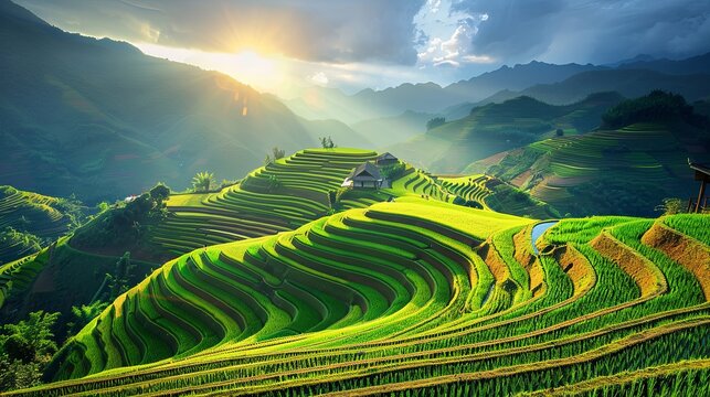 Terraced rice field landscape near Sapa in Vietnam background