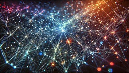 An abstract network of thin, interconnecting blue lines and dots on a clean white background