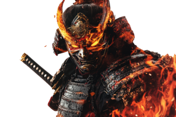 PNG image of A fire samurai approaching wearing Oni mask and scale armor