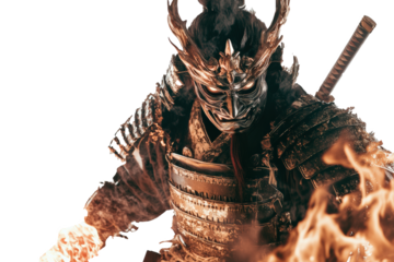 PNG image of A fire samurai approaching wearing Oni mask and scale armor