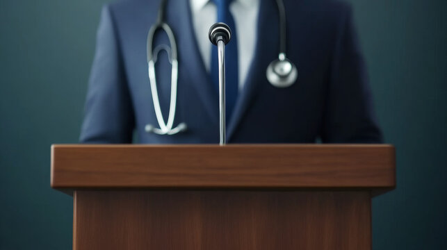 medical professional stands behind podium, ready to address audience. stethoscope around their neck signifies their expertise in healthcare, creating atmosphere of authority and trust - Powered by Adobe