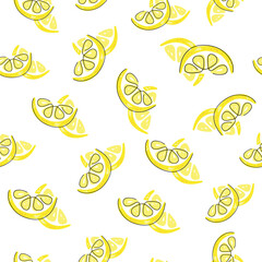 Fresh yellow fruits of lemon, lime, with green leaves and flowers. Seamless citrus texture on a white background. Whole lemon slice. Doodle Minimal Style. Black line. Vector illustration.