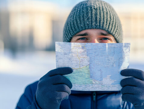 person holding map in snowy environment, wearing warm hat and gloves, appears focused on navigating. winter landscape adds serene yet adventurous feel to scene