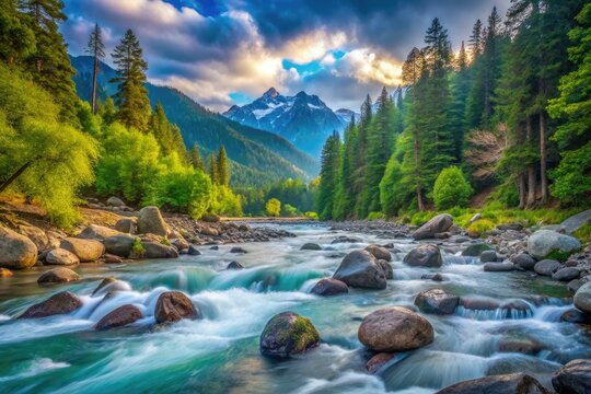 The Hoh River flows rapidly over a rocky bed in Olympic National Park, embraced by dense rainforest and towering mountains, creating a breathtaking natural scene.