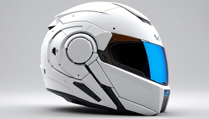 Fototapeta premium A detailed model of a futuristic helmet with a sleek visor resting on a smooth white surface, showcasing its advanced design, Generative AI